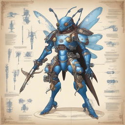 A detailed illustration of a Thri-Kreen artificer, a humanoid insect-like creature, wielding intricate firearms