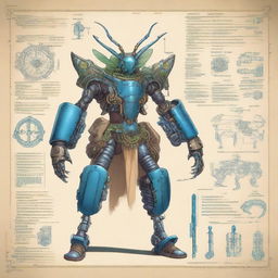 A detailed illustration of a Thri-Kreen artificer, a humanoid insect-like creature, wielding intricate firearms