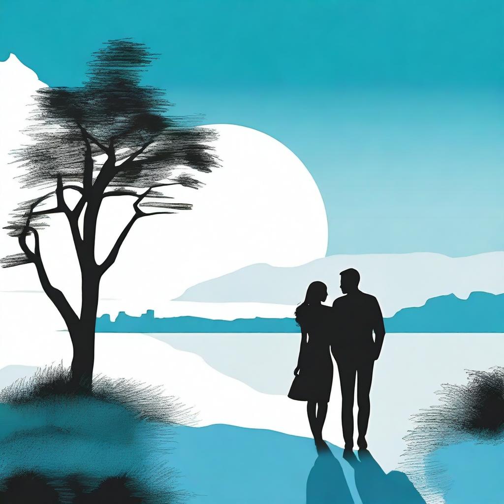 A cover with a modern landscape, featuring the silhouette of a couple in shades of blue and black.