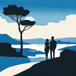 A cover with a modern landscape, featuring the silhouette of a couple in shades of blue and black.