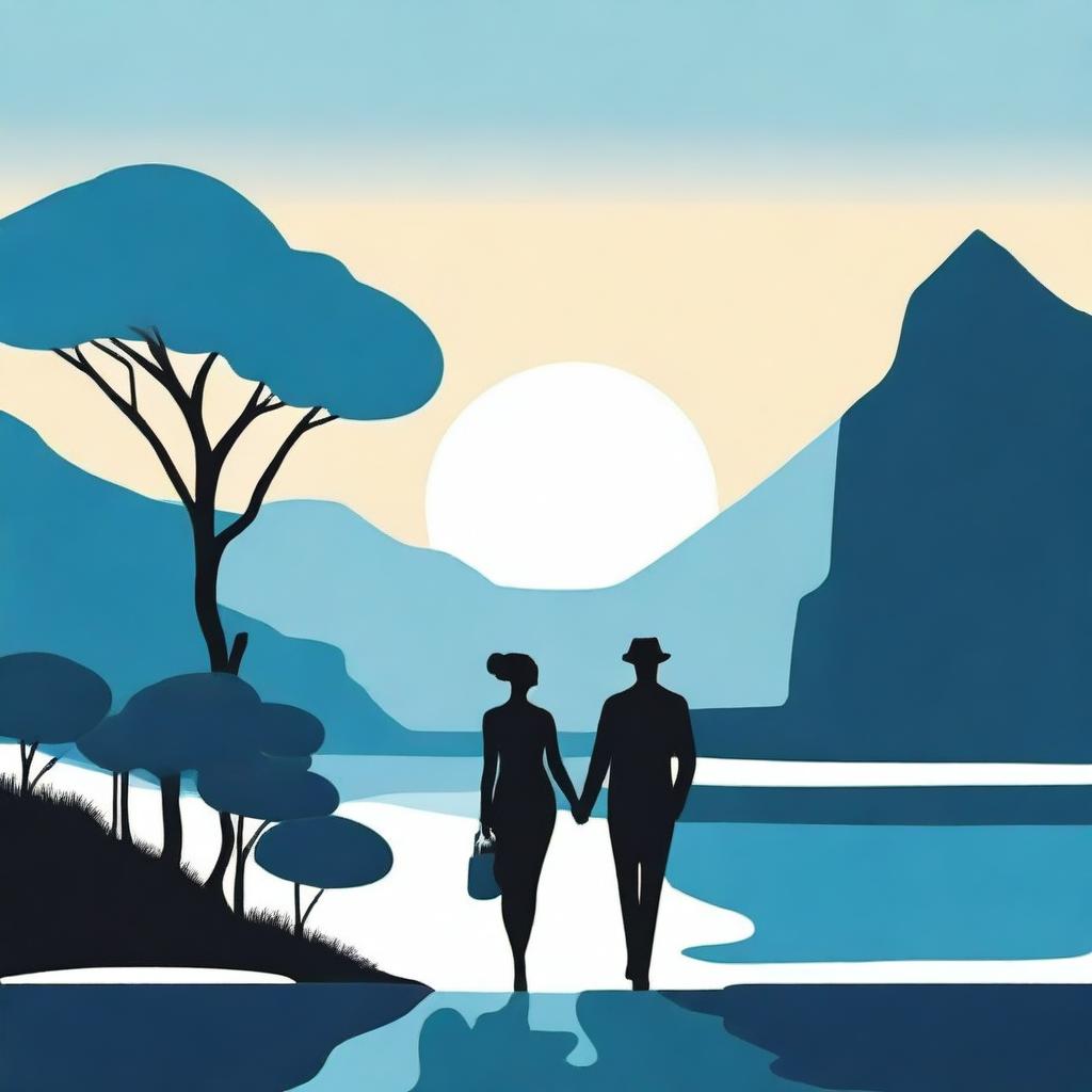 A cover with a modern landscape, featuring the silhouette of a couple in shades of blue and black.