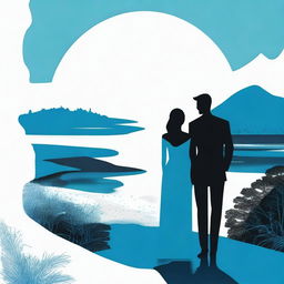 A cover with a modern landscape, featuring the silhouette of a couple in shades of blue and black.