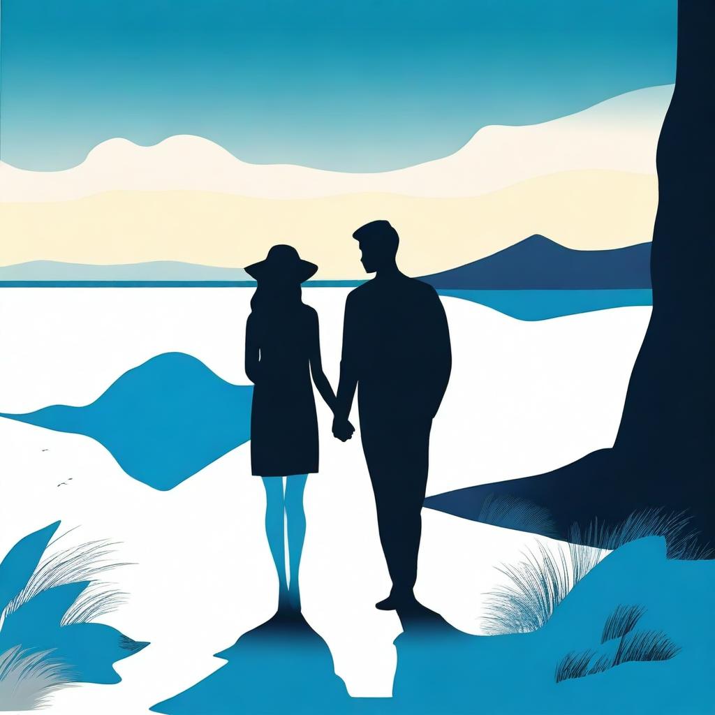 A cover with a modern landscape, featuring the silhouette of a young couple in shades of blue and black.