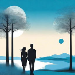 A cover with a modern landscape, featuring the silhouette of a young couple in shades of blue and black.