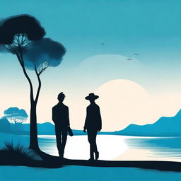 A cover with a modern landscape, featuring the silhouette of a young couple in shades of blue and black.