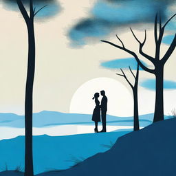 A cover with a modern landscape, featuring the silhouette of a young couple in shades of blue and black.