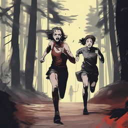 A terrified, bloody young woman is running toward the front of the frame in the close foreground