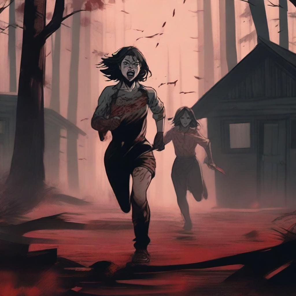 A terrified, bloody young woman is running toward the front of the frame in the close foreground