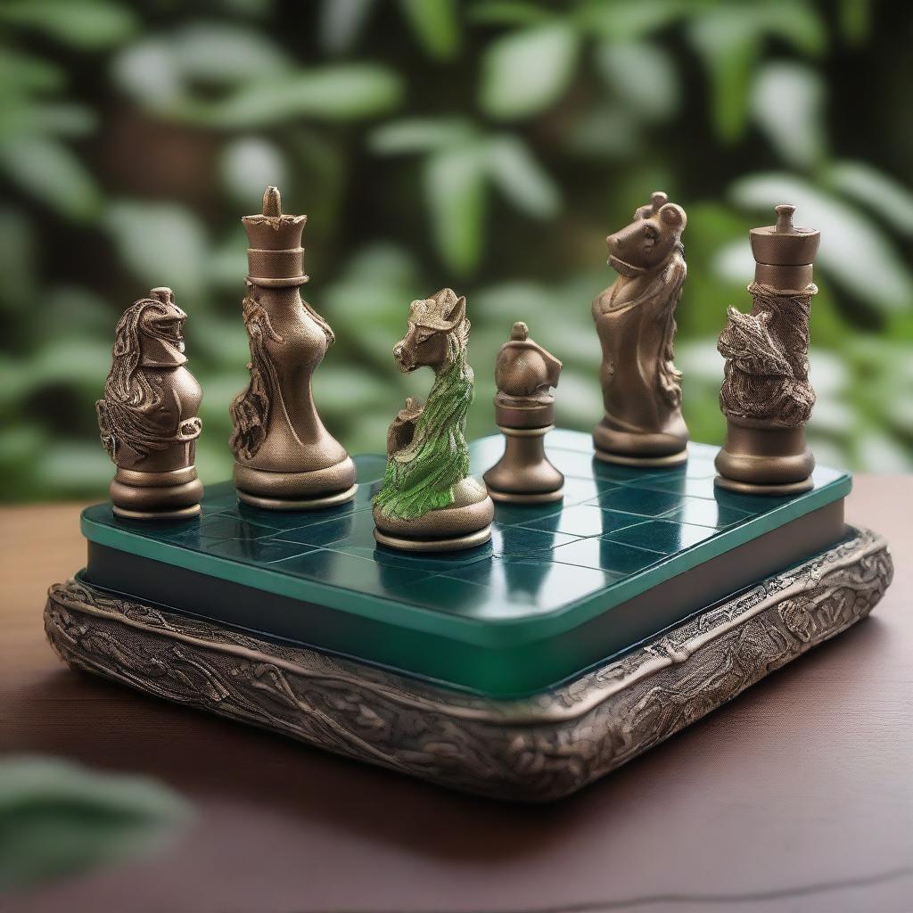 A beautifully intricate chess set themed around Pandora, featuring pieces inspired by mythical creatures and elements from Pandora's world