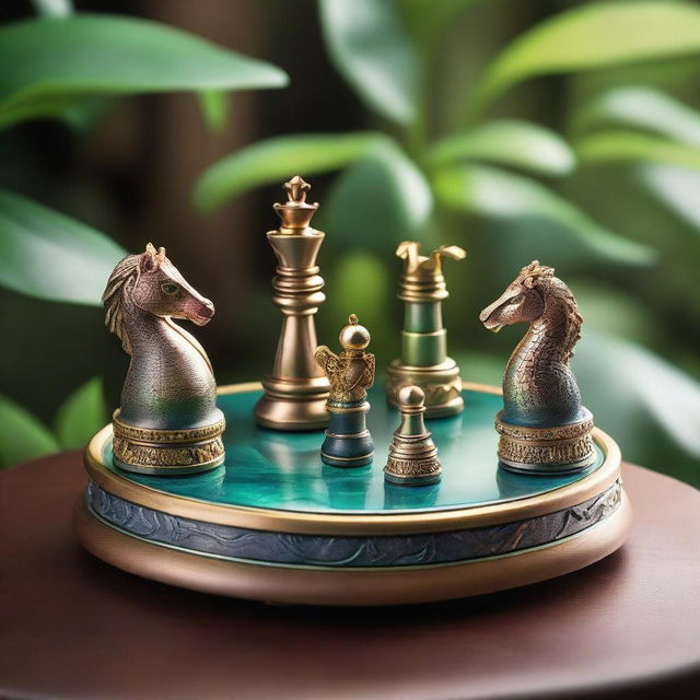 A beautifully intricate chess set themed around Pandora, featuring pieces inspired by mythical creatures and elements from Pandora's world