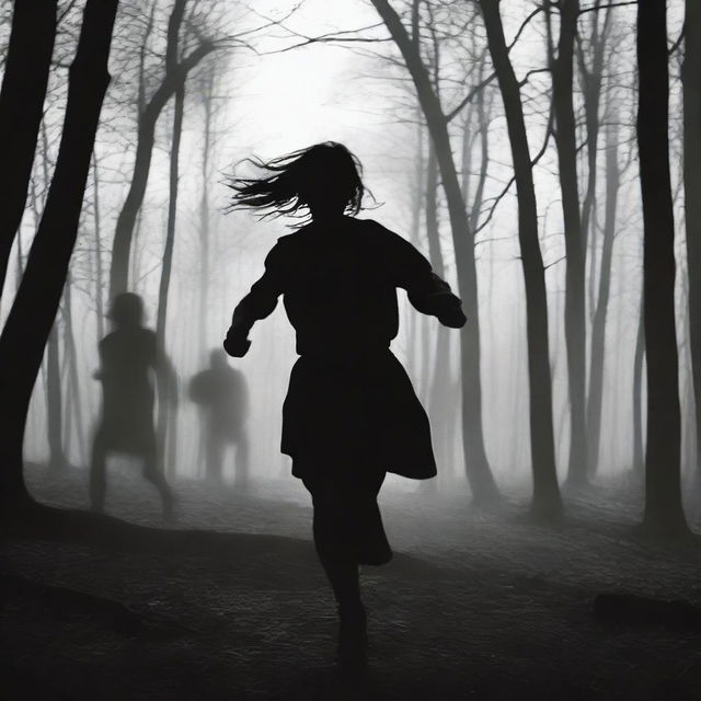 A terrified bloody young woman running toward the front of the frame in the extreme close foreground