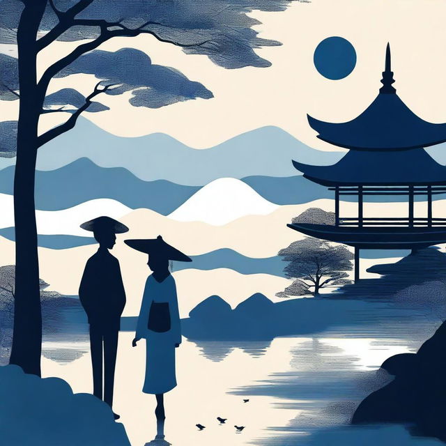 A cover with a modern Asian landscape, featuring the silhouette of a young couple in dark blue and black tones.