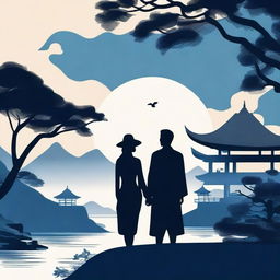 A cover with a modern Asian landscape, featuring the silhouette of a young couple in dark blue and black tones.