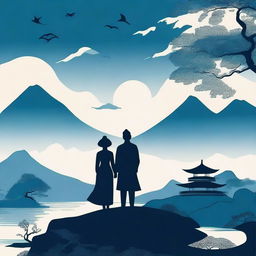 A cover with a modern Asian landscape, featuring the silhouette of a young couple in dark blue and black tones.