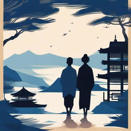 A cover with a modern Asian landscape, featuring the silhouette of a young couple in dark blue and black tones.