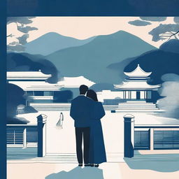 A cover with a modern Asian landscape, featuring a young couple at a university