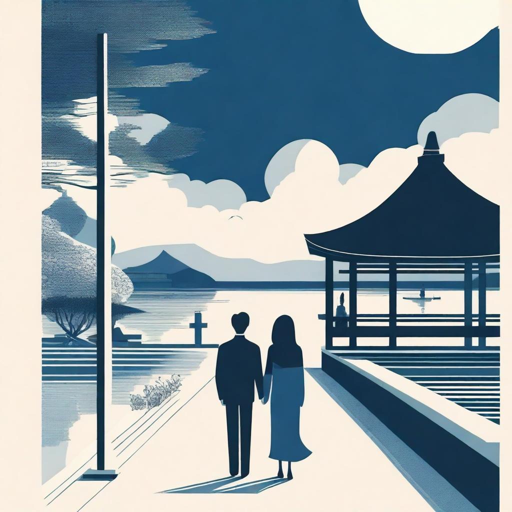 A cover with a modern Asian landscape, featuring a young couple at a university