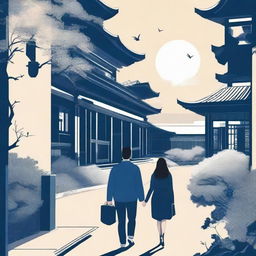 A cover with a modern Asian landscape, featuring a young couple at a university