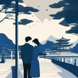 A cover with a modern Asian landscape, featuring a young couple at a university