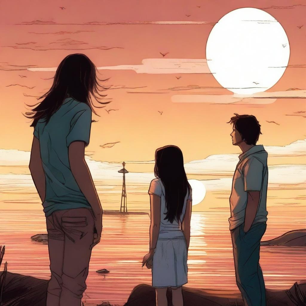 A beautiful sunset in the background, with two people, a short woman with long hair and a tall man with normal hair, looking at the sunset