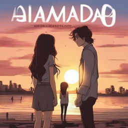 A beautiful sunset in the background, with two people, a short woman with long hair and a tall man with normal hair, looking at the sunset