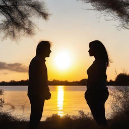 A beautiful sunset in the background, with two people, a short woman with long hair and a tall man with short hair, looking at the sunset