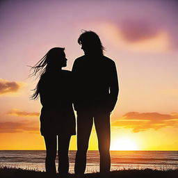 A beautiful sunset in the background, with two people, a short woman with long hair and a tall man with short hair, looking at the sunset