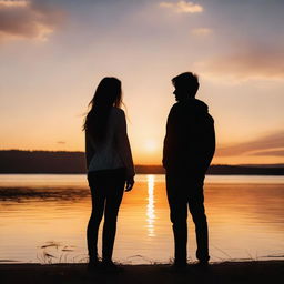 A beautiful sunset in the background, with two people, a short woman with long hair and a tall man with short hair, looking at the sunset