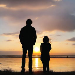 A beautiful sunset in the background, with two people, a short woman with long hair and a tall man with short hair, looking at the sunset