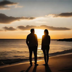 A beautiful sunset in the background with two people, a woman and a man, looking at the sunset.