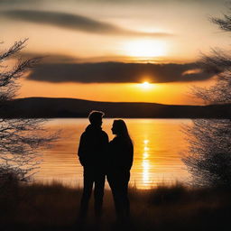 A beautiful sunset in the background with two people, a woman and a man, looking at the sunset.