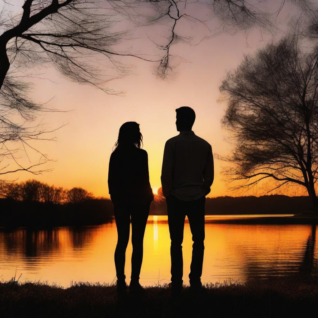 A beautiful sunset in the background with two people, a woman and a man, looking at the sunset.