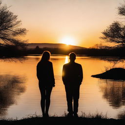 A beautiful sunset in the background with two people, a woman and a man, looking at the sunset.