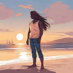 A man designed in a similar style to the woman with long hair standing on the beach in the previous image