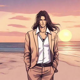 A man designed in a similar style to the woman with long hair standing on the beach in the previous image