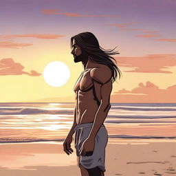 A man designed in a similar style to the woman with long hair standing on the beach in the previous image