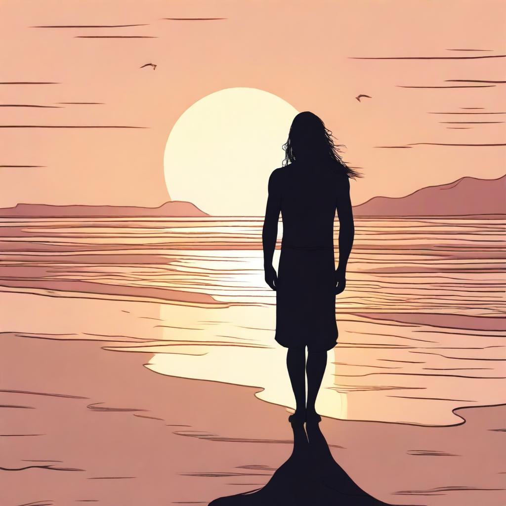 A man designed in a similar style to the woman with long hair standing on the beach in the previous image