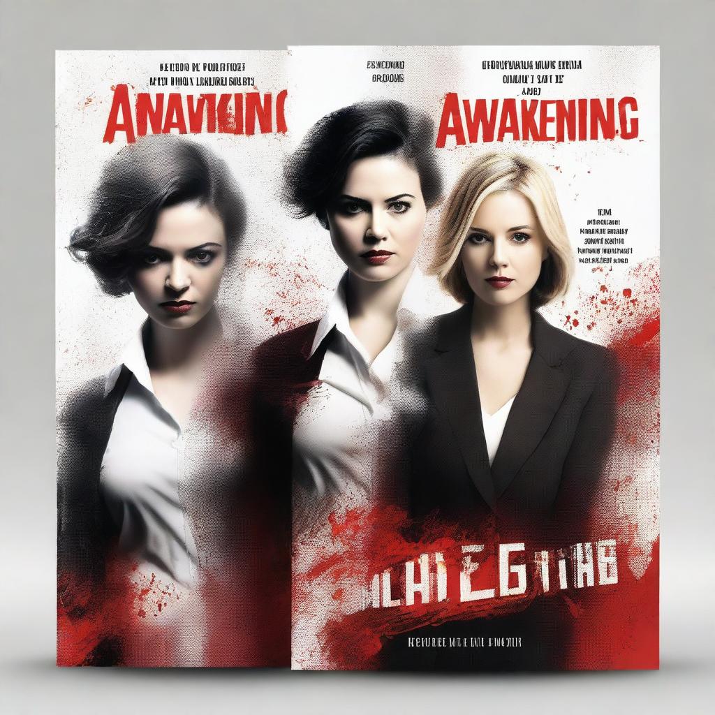 Create a book cover titled 'The Awakening' featuring a split image of the same woman in three different roles