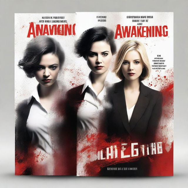 Create a book cover titled 'The Awakening' featuring a split image of the same woman in three different roles