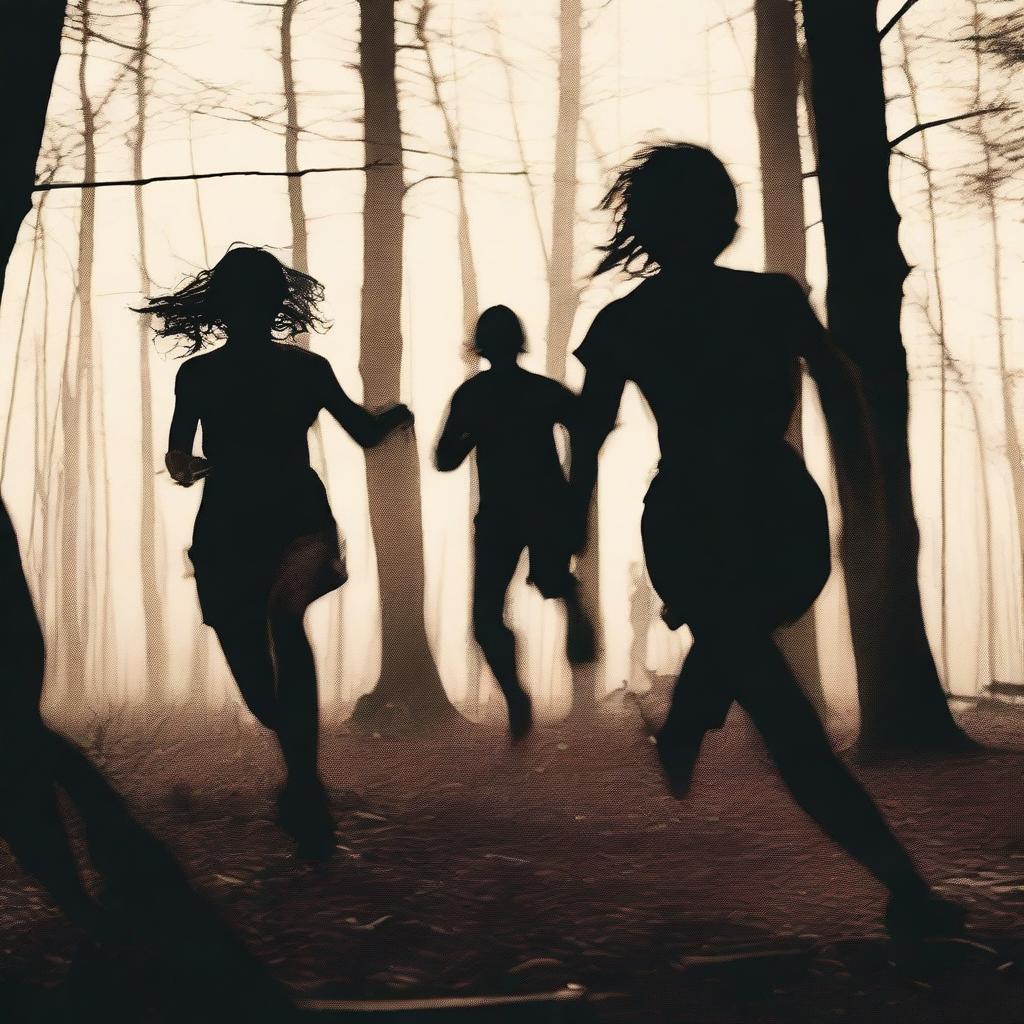 A terrified bloody young woman is running toward the front of the frame in the extreme close foreground