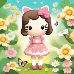 A cheerful and cute Hello Kitty character with a morena (tan) skin tone