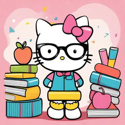 A cheerful and cute Hello Kitty character wearing stylish glasses