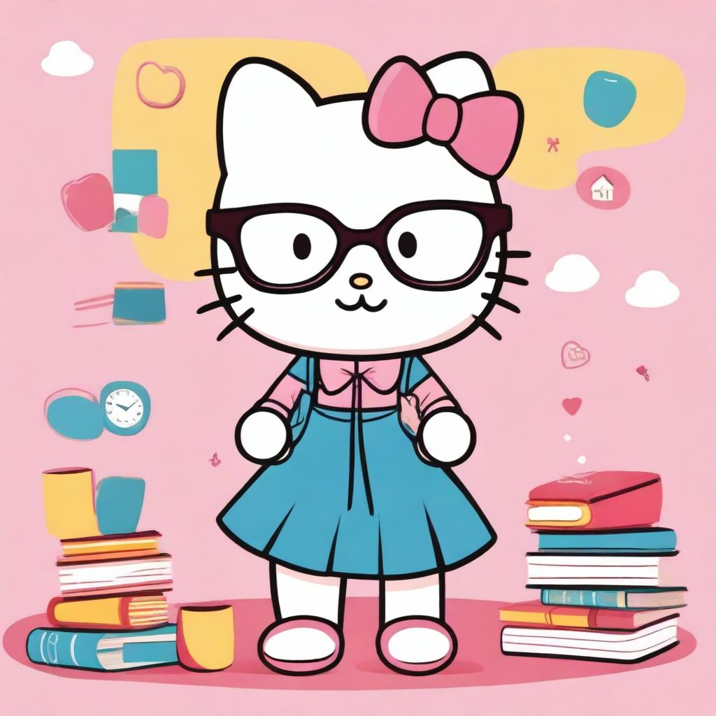 A cheerful and cute Hello Kitty character wearing stylish glasses