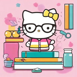 A cheerful and cute Hello Kitty character wearing stylish glasses