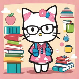 A cheerful and cute Hello Kitty character wearing stylish glasses