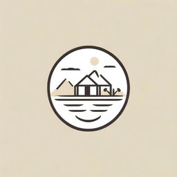 Line art logo design incorporating elements of desert, swimming pool and rustic hut