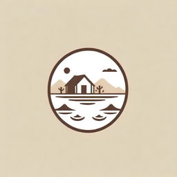 Line art logo design incorporating elements of desert, swimming pool and rustic hut