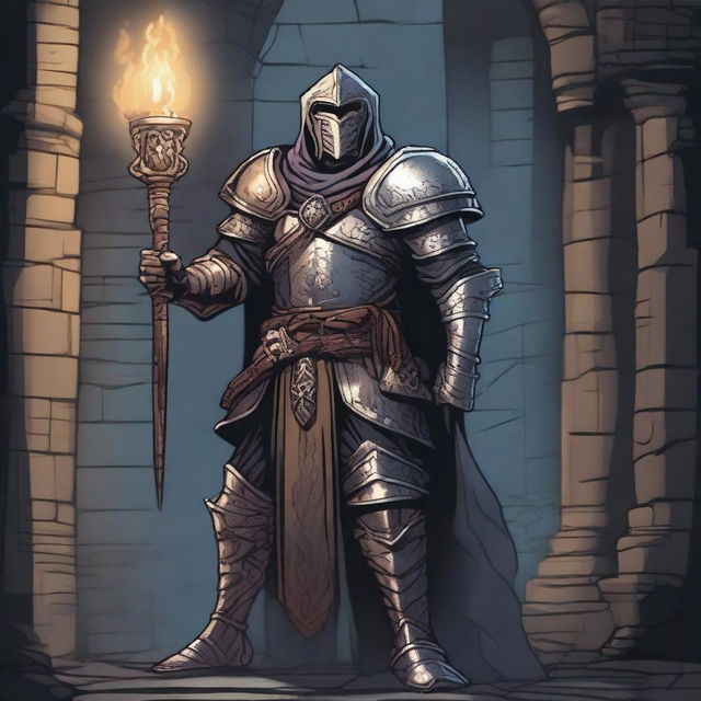 A detailed illustration of a classic Dungeons & Dragons character, featuring medieval fantasy armor, a mystical staff, and a magical aura