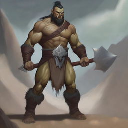 A 34-year-old half-orc barbarian standing in a rugged landscape, with a fierce and determined expression