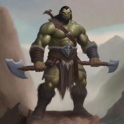 A 34-year-old half-orc barbarian standing in a rugged landscape, with a fierce and determined expression